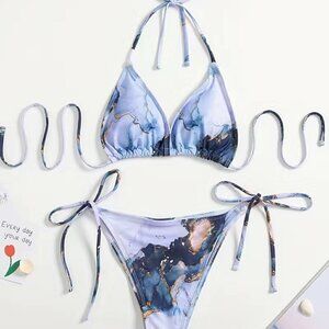 String Bikini with Side Ties, Size Small (Blue White and Gold Marbled) NWT